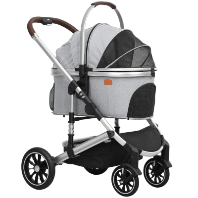 PawHut 3-in-1 Opvouwbare Hondenbuggy voor Honden & Katten tot 10 kg met Kussen en Bekerhouder - Lichtgrijs