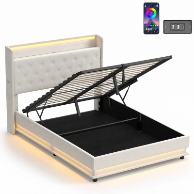 HOMCOM Double Bed Frame Hydraulic Storage LED Charging Cream