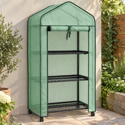 Outsunny Mini Serre 3 Étagères Bâche PE 4 Roulettes