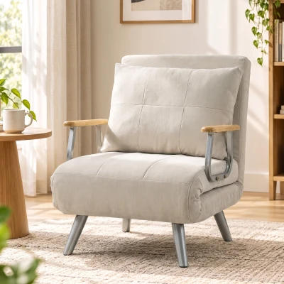 HOMCOM Poltrona-Cama em Veludo com Encosto Ajustável, Almofada e Braços em Madeira para Sala ou Quarto, Creme