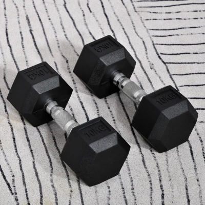 HOMCOM Dumbbells 10 KG Hexagon Dumbbell Set Rubber Hexagon Dumbbells Zwart