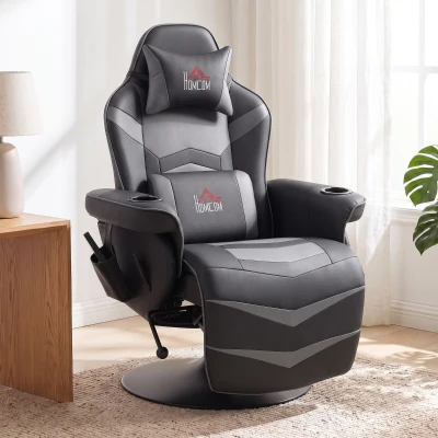 HOMCOM Gamingsessel, Massagefunktion, neigbare Lehne, Fußstütze, bis 120 kg, Stahlrahmen, Kunstleder, Grau