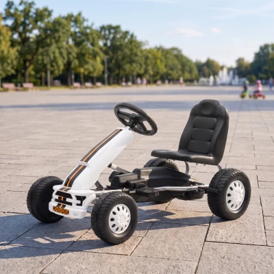 AIYAPLAY Kart a Pedais para Crianças +3 Anos com Assento Ajustável, Volante, Travão de Mão, Estrutura em Alumínio e Aço, 30 kg, Branco