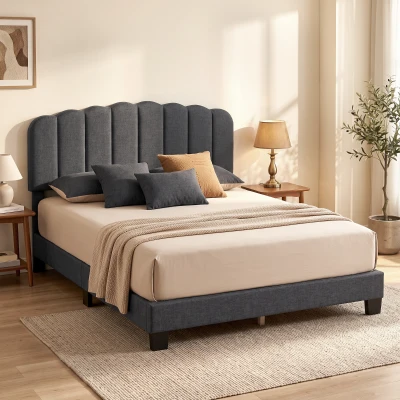HOMCOM Cama de Casal Estofada 160x200 cm com Cabeceira Ajustável Acolchoada, Ripas de Madeira, Cinzento-Antracite