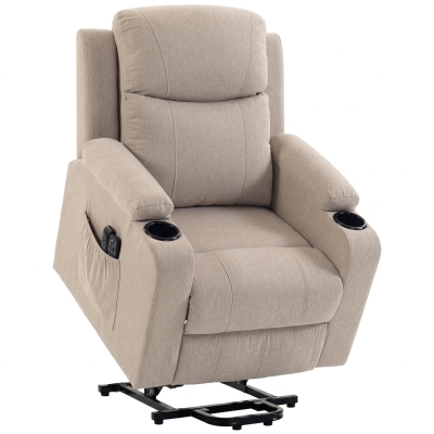 HOMCOM Poltrona Elétrica Elevadora Reclinável, Aquecida, Massageadora, Linho, 2 Telecomandos, Creme