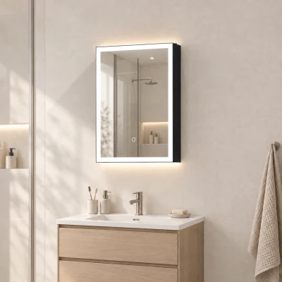 HOMCOM Armario de Baño LED con Función Antivaho Mueble de Baño de Pared Espejo Estantes 50x70 cm Negro