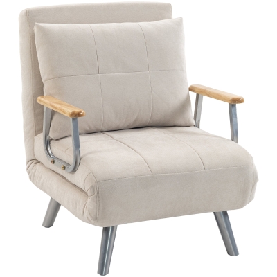 HOMCOM Poltrona-Cama em Veludo com Encosto Ajustável, Almofada e Braços em Madeira para Sala ou Quarto, Creme