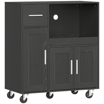 HOMCOM Mueble para Microondas de Madera con Cajón, 2 Armarios, Estante Abierto y Bandeja Regulable, 80x40x88.7 cm, Negro