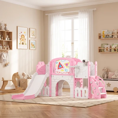 AIYAPLAY Escorrega Infantil 7 em 1 para Crianças Tema de Sapo com Aro de Basquetebol Túnel Quadro Telescópio de Brincar Trepador 176x150x94 cm Rosa