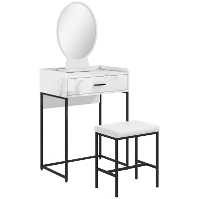 HOMCOM Set Toeletta con Specchio, Cassetto e Sgabello Bianco