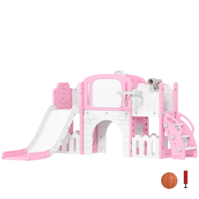 AIYAPLAY Escorrega Infantil 7 em 1 para Crianças Tema de Sapo com Aro de Basquetebol Túnel Quadro Telescópio de Brincar Trepador 176x150x94 cm Rosa