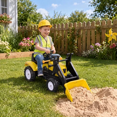 HOMCOM wiellader voor kinderen, beweegbare schop, claxon, pedaalaandrijving, vanaf 3 jaar, metalen frame, geel, 114 x 41 x 52 cm