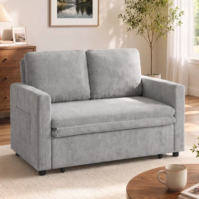 HOMCOM Canapea extensibilă 2 locuri 3-în-1, canapea-lit clic-clac 122 cm chenille, spătar reglabil, buzunare laterale, gri