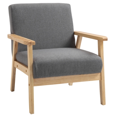 HOMCOM Fotel w stylu skandynawskim, Fotel akcentowy, Lite drewno, Imitacja lnu, 64 cm x 70 cm x 72 cm, Szary + Natura