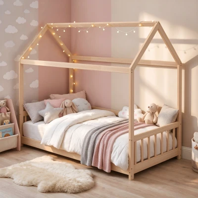 HOMCOM Struttura Letto per Bimbi a Forma di Casa, Color Legno