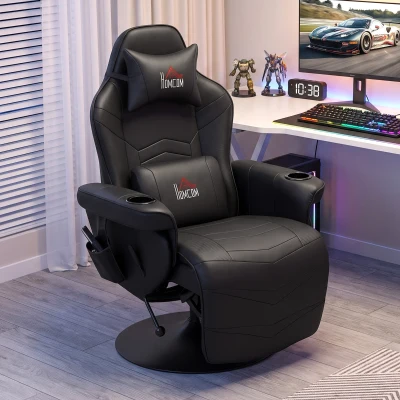HOMCOM Gamingsessel, Massagefunktion, neigbare Lehne, Fußstütze, bis 120 kg, Stahlrahmen, Kunstleder, Schwarz