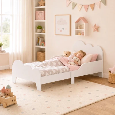 AIYAPLAY Kinderbed Wolkdesign met Uitvalbeveiliging, voor 3-8 Jaar, geschikt voor 140 x 70 x 5 cm matras, Wit