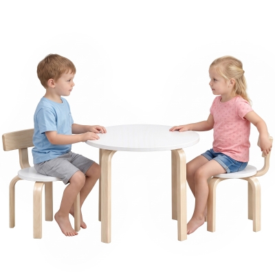 AIYAPLAY Mesa Infantil con 2 Sillas Apilables 3 Piezas Mesa Redonda Juego de Madera Niños 3-8 Años para Guardería Aulas Blanco