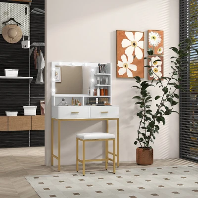 HOMCOM Mobile Toeletta con Specchio e Sgabello Bianco