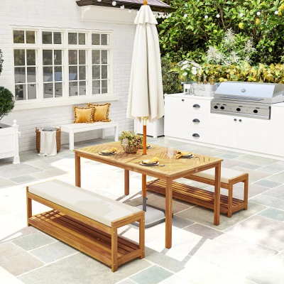 Outsunny 4 Seater Garden Furniture Set, 3 Pieces Garden Table and Benches with Cushions, Umbrella Hole, Outdoor Garden Dining Set with Slatted Top Table for Patio, Teak