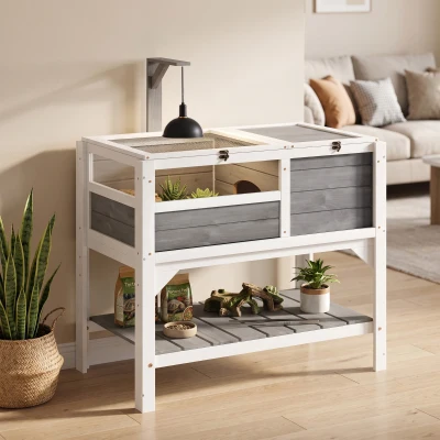 PawHut Houten schildpaddenhuis met opbergplank, lampenhouder, acrylvenster, klapdak en uitneembare bak