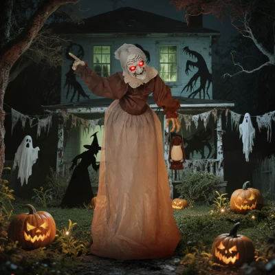 Outsunny Dekoracja na Halloween 150 cm Czarownica z LED, Dźwiękiem, Dekoracja Drzwi z Regulowanymi Ramionami, Głową, Figura Ogrodowa w Naturalnej Wielkości na Imprezę
