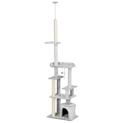 PawHut Albero Tiragraffi per Gatti a Soffitto con Casetta