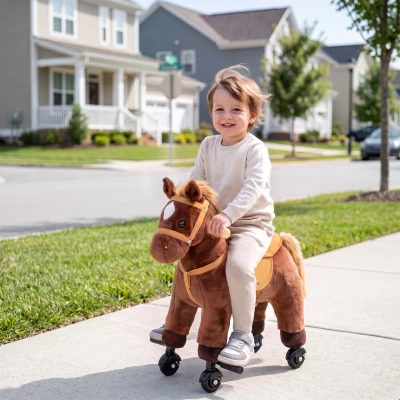 AIYAPLAY Plush Rocking Horse Ride-On with Wheels 50kg Dark Brown