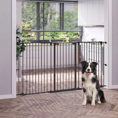 PawHut Valla para Mascotas de Acero Plegable con 3 Paneles Doble Cerradura y Función de Bloqueo Auxiliar 206x90 cm Negro