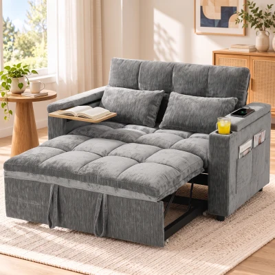 HOMCOM Schlafsofa 2 Sitzer mit verstellbarer Rückenlehne Schlafcouch mit 2 Kissen 136x190 cm Grau