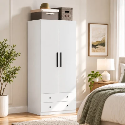 HOMCOM Kleiderschrank, 2 Türen, Hängebereich, Kleiderstange, 2 Schubladen, MDF, Weiß