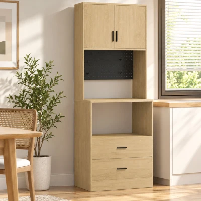HOMCOM Buffet Micro-ondes Bois Naturel 2 Tiroirs 2 Portes Étagère