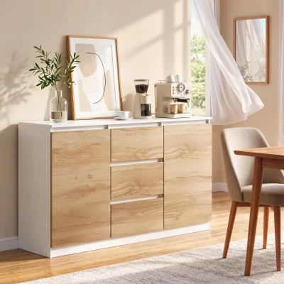 HOMCOM Aparador com 2 Portas e 3 Gavetas, Móvel de TV até 55 Polegadas, 120x35x74,5 cm, Branco e Carvalho