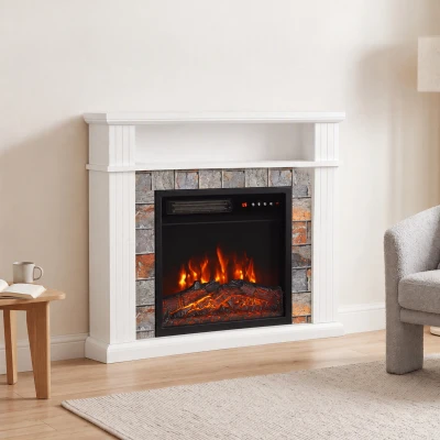 HOMCOM Chimenea Eléctrica Decorativa 1800W con Repisa Efecto Llama 5 Brillos Termostato Temporizador Mando Blanco