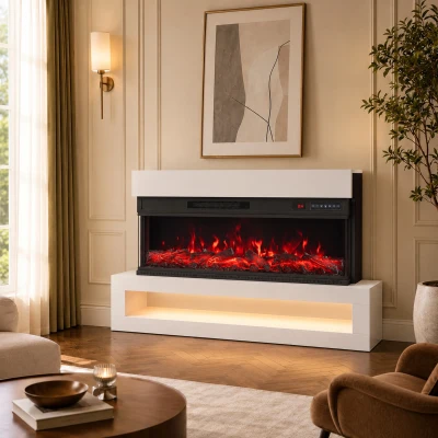 HOMCOM Chimenea Eléctrica de Pie/Pared 900/1800W con Tira LED 3 Caras Mueble TV 55" 12 Colores de Llama Control Remoto Blanco