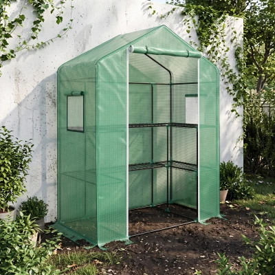 Outsunny Estufa de Jardim com 1 Porta 2 Janelas e Prateleiras de 2 Níveis em Forma de U para Cultivo de Plantas 140x73x190 cm Verde