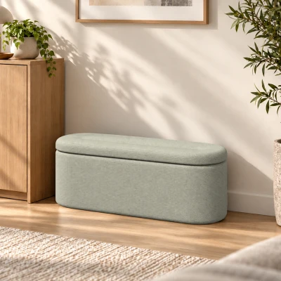 HOMCOM Banco de Almacenaje Puff Almacenaje Tapizado en Lino Tapa Cierre Suave Diseño Ovalado Carga 220 kg 116x42x44 cm Gris