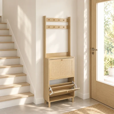 HOMCOM Perchero Zapatero con 2 Cajones Abatibles con Puertas de Ratán 8 Ganchos Estante Superior y Marco de Madera Natural