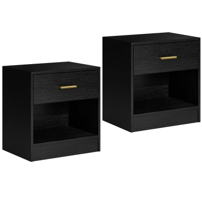 Set 2 Noptiere Moderne cu Sertar și Poliță Deschisă, Negru