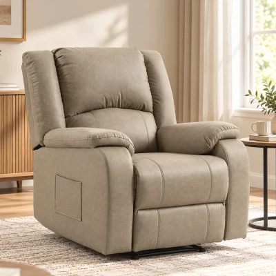 HOMCOM Sillón Relax Reclinable Manual de PU con Reposapiés Asiento Ancho Acolchado Grueso Reclinable hasta 155° Caqui