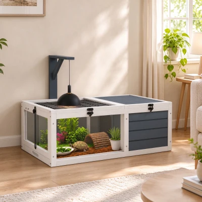 PawHut Cage Tortue Petit Animal 2 Espaces Lampe Gris