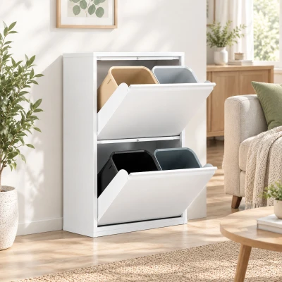 HOMCOM Meuble Poubelle 60L 4 Compartiments Blanc Fermeture Amortie