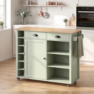 HOMCOM Ilha de Cozinha com Rodas Tampo Rebatível Suporte para Especiarias Prateleiras na Porta Armário 2 Gavetas 117,5x70x91 cm Verde Claro