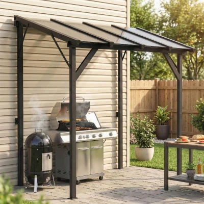 Outsunny Carpa Barbacoa 2,4x1,5 m con Techo de Policarbonato Diseño Adosado Estructura de Metal y Aluminio para Exterior Gris