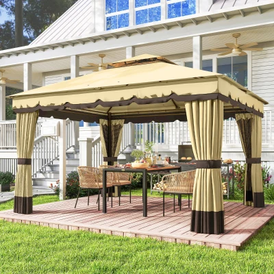 Outsunny Pérgola de Jardim 3,7x3 m com Teto Duplo 4 Cortinas e Mosquiteira Estrutura em Aço Orifícios de Drenagem UV30+ Bege