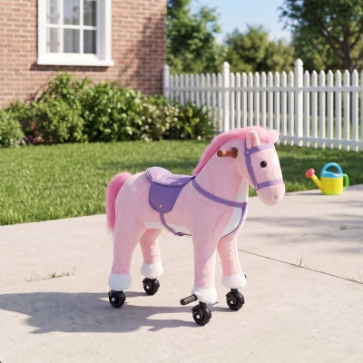 AIYAPLAY Cavalo de Brincar com Rodas, Som de Cascos, Música, Pedais e Pegas, Estrutura Metálica, +3 Anos, 50 kg, Rosa