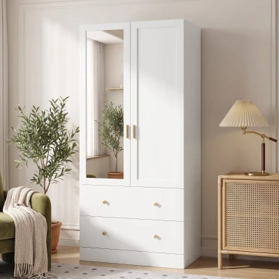 HOMCOM Armario Dormitorio 2 Puertas y 2 Cajones Armario Ropero con Espejo Barra para Colgar 80x50x180 cm Blanco