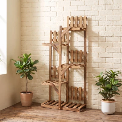 Outsunny Suport pentru Plante din Lemn 5 Niveluri cu Balustrade Decorative pentru Balcon Terasă 60x30x130 cm Carbonizat
