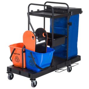 HOMCOM schoonmaakwagen reinigingswagen veegwagen systeemwagen met 4 wielen 2 emmers