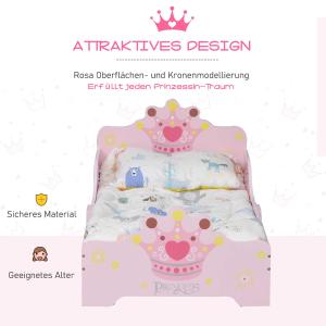 HOMCOM Kinderbett mit Prinzessinnen-Motiv mit Rausfallschutz für 3–6 Jahre, Mädchenbett, Holzbett für Kinderzimmer, Pappelholz, 143 x 73 x 60 cm